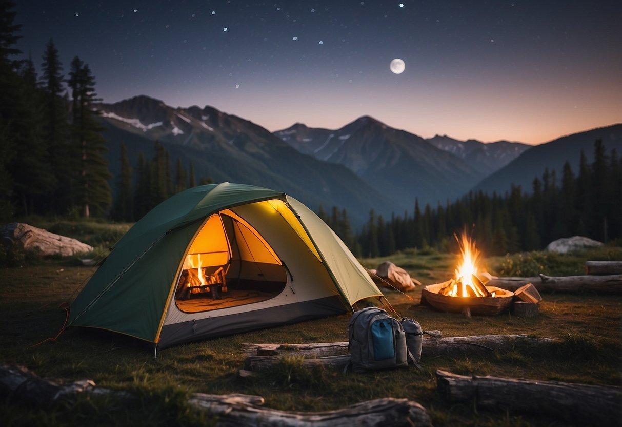 A cozy campsite with a tent, campfire, and a backpack. Smartwool Merino 250 Base Layer clothing is neatly folded on a log. The moon and stars illuminate the scene