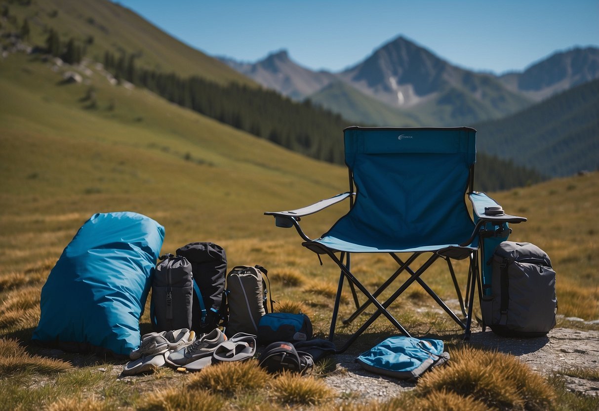 A rugged mountain landscape with a clear blue sky, featuring a lone Arc'teryx Beta AR Jacket draped over a camping chair, surrounded by other essential camping gear