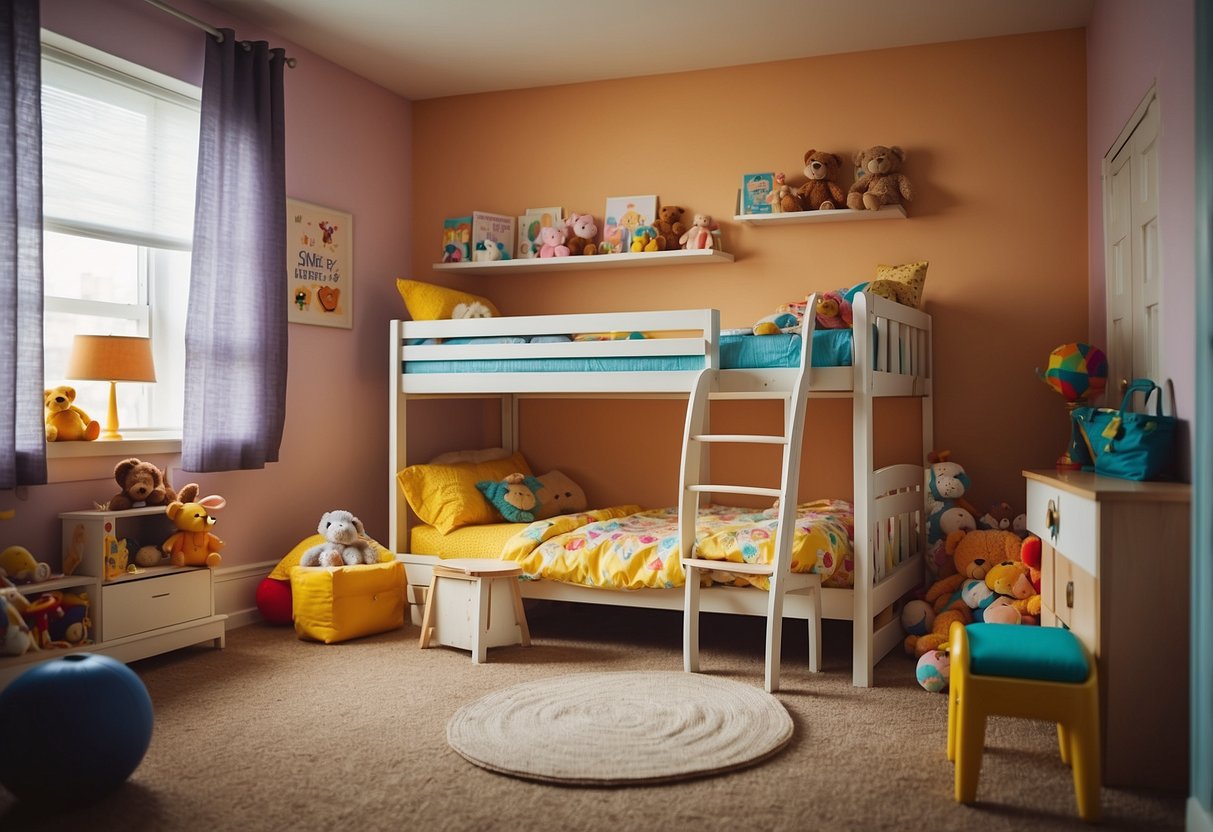 A colorful children's room with a bunk bed, toy chest, bookshelf, and play table with chairs. Bright, cheerful decor and toys scattered around