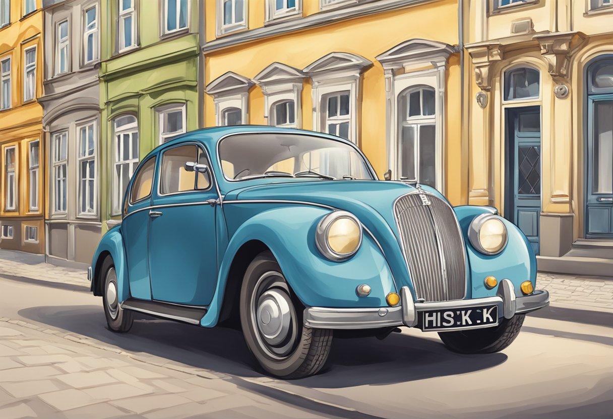 A car with the license plate "HSK" parked in front of a historic building in a quaint German town