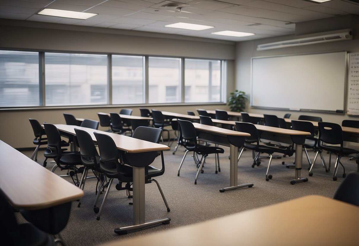 The university classroom is filled with rows of desks and chairs, a teacher's podium at the front, and a whiteboard on the wall