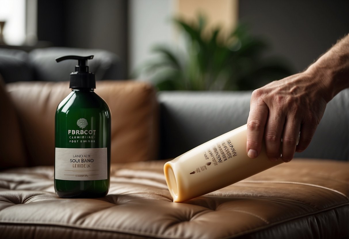 A hand reaches for a bottle of leather conditioner next to a leather sofa. The conditioner is being applied to the sofa with a soft cloth