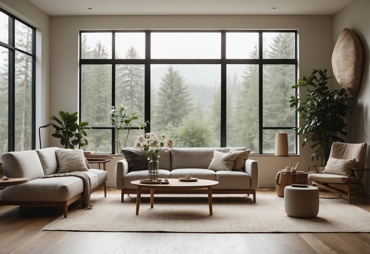 A minimalist living room with low, clean-lined furniture, natural materials, and soft, neutral colors. A large window lets in natural light, and a few carefully chosen decor items add a touch of tranquility