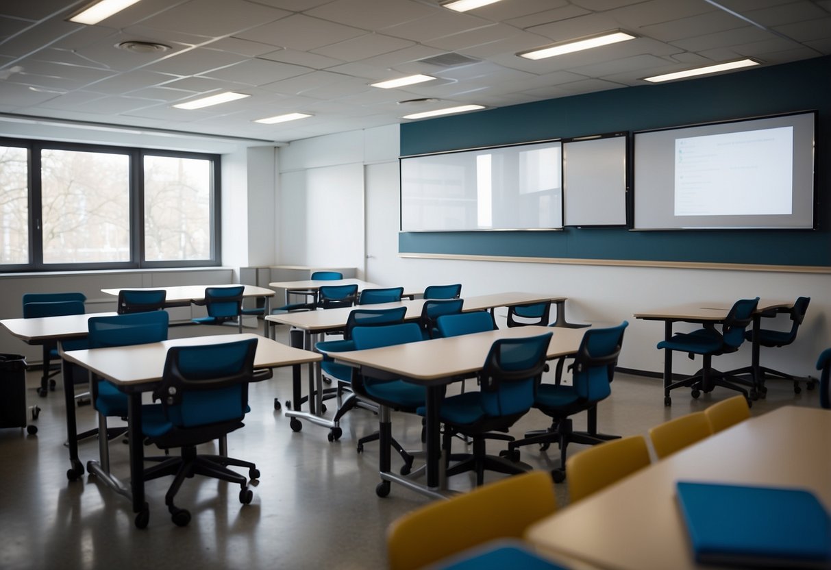 A university classroom with modular desks and chairs arranged in small group clusters, with whiteboards and display screens for collaborative learning