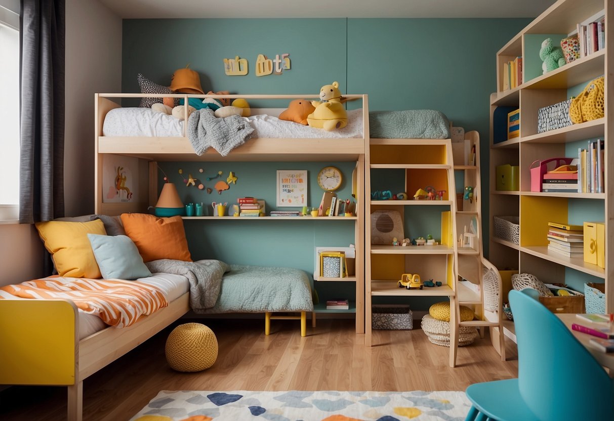 A colorful, organized children's room with a bunk bed, desk, and bookshelf. Bright, gender-neutral colors and playful decor create a fun and inviting space for a child to learn and play