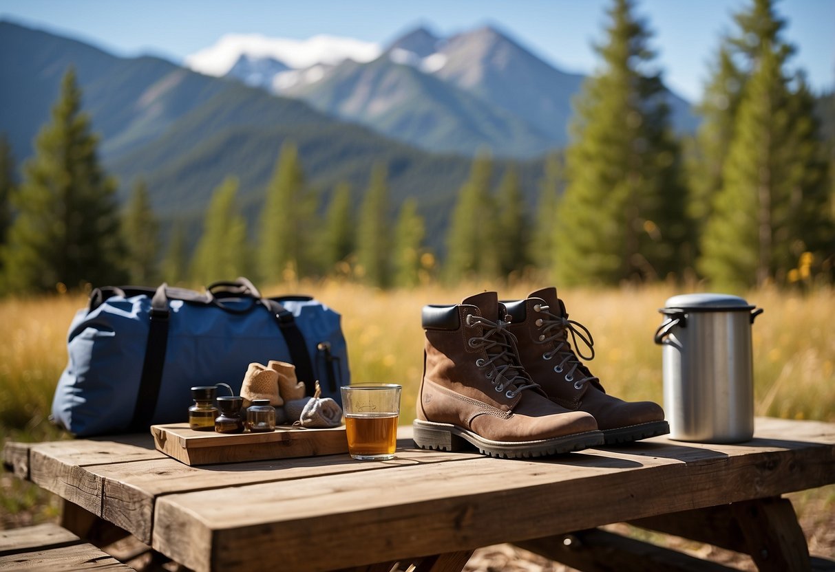 A campsite with a clear blue sky, gentle breeze, and a cozy campfire surrounded by trees and mountains. Clothing items like durable hiking boots, moisture-wicking base layers, and a waterproof jacket are laid out neatly on a picnic table