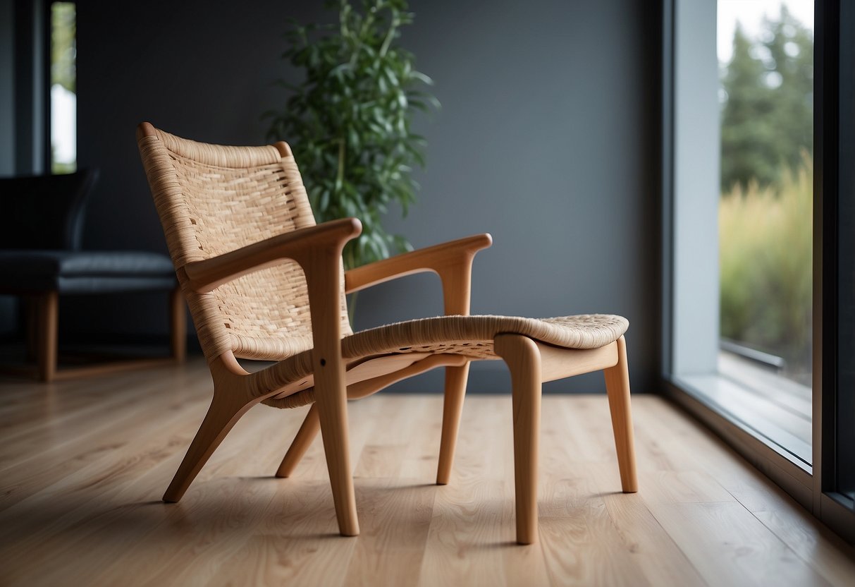 A minimalist wooden chair, surrounded by soft natural light, sits in a serene, uncluttered space, exuding tranquility and simplicity
