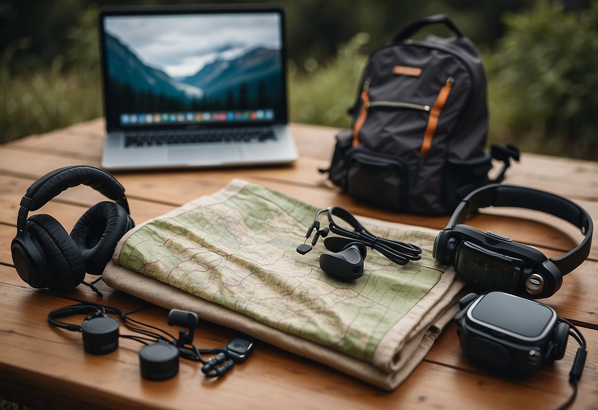 A group of camping-related items arranged on a table, including a tent, backpack, camping stove, and a map, with headphones nearby playing a podcast