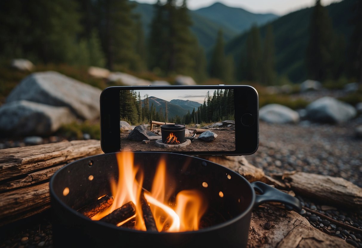 A campfire surrounded by camping gear, with a podcast playing on a smartphone, and a scenic view of the first 40 miles of a trail