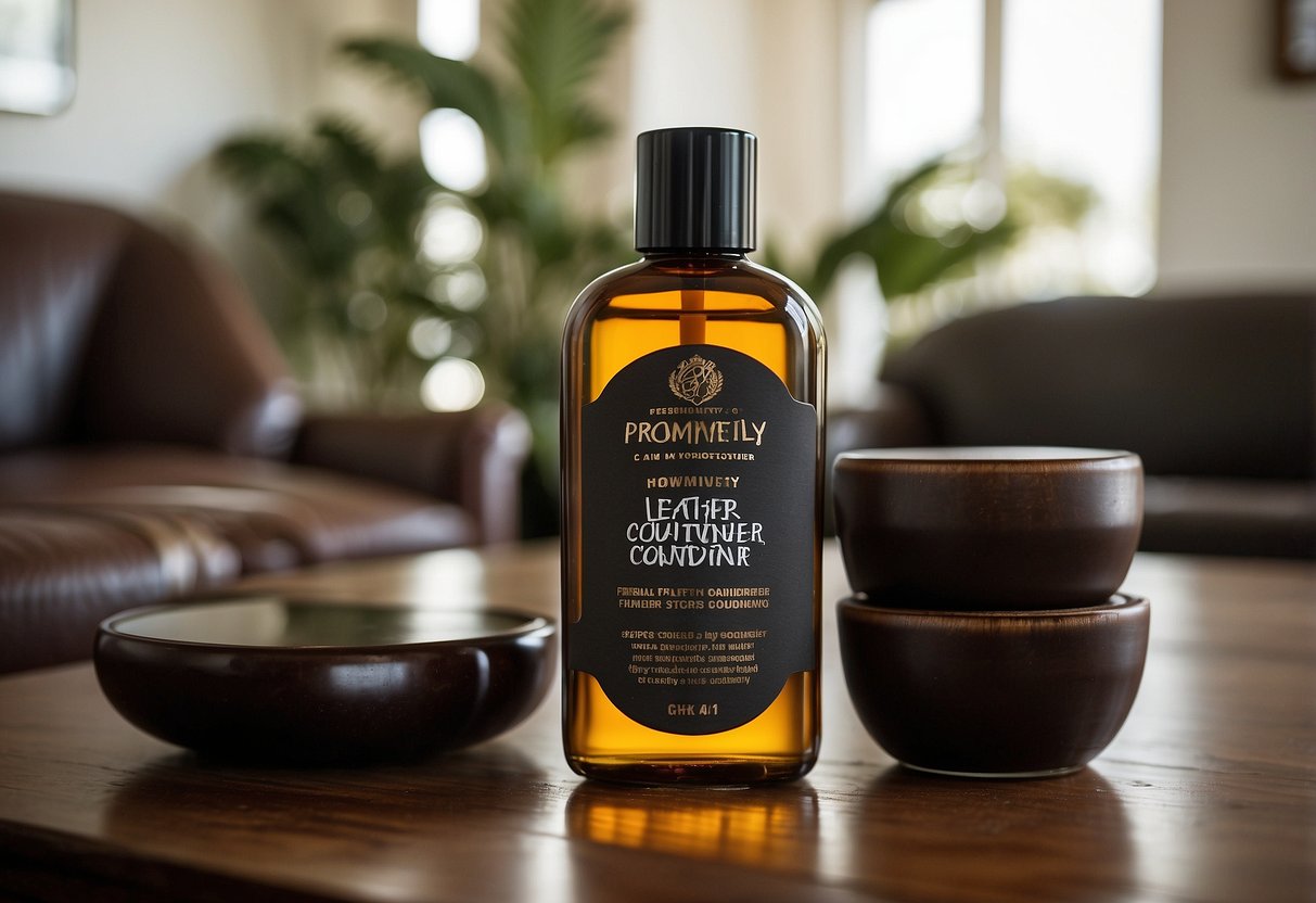 A bottle of leather furniture conditioner sits on a polished wooden table, surrounded by a few well-loved leather chairs and couches. The label prominently displays the words "Frequently Asked Questions" in bold lettering