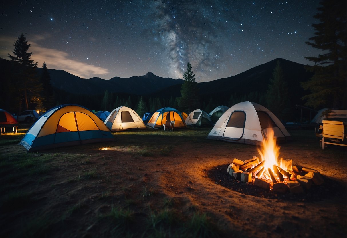 A serene campground with tents, campfires, and a starry night sky. Trees and mountains surround the area, creating a peaceful and picturesque setting for camping