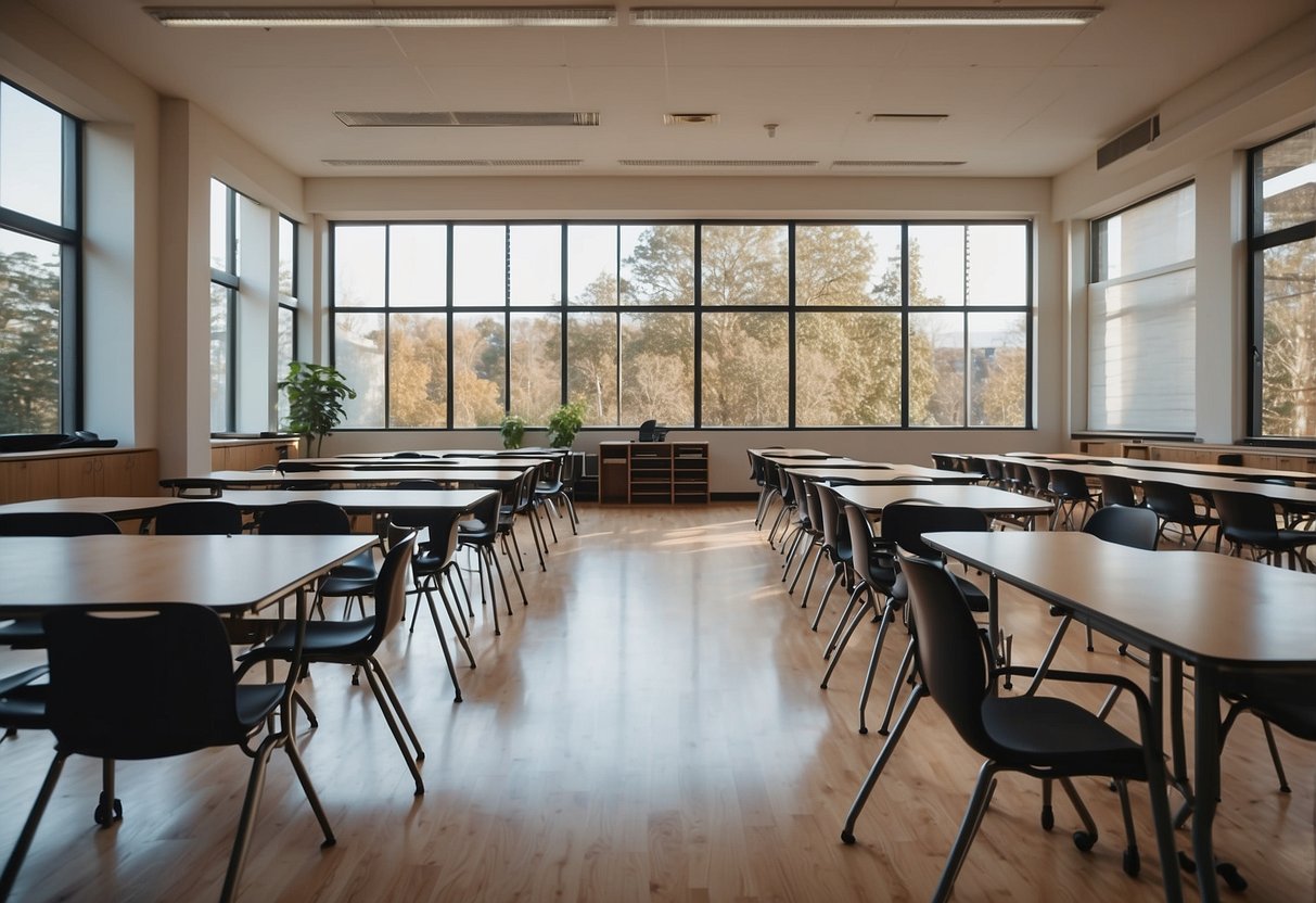 A spacious university classroom with rows of desks and chairs, a large whiteboard at the front, and ample natural lighting from large windows