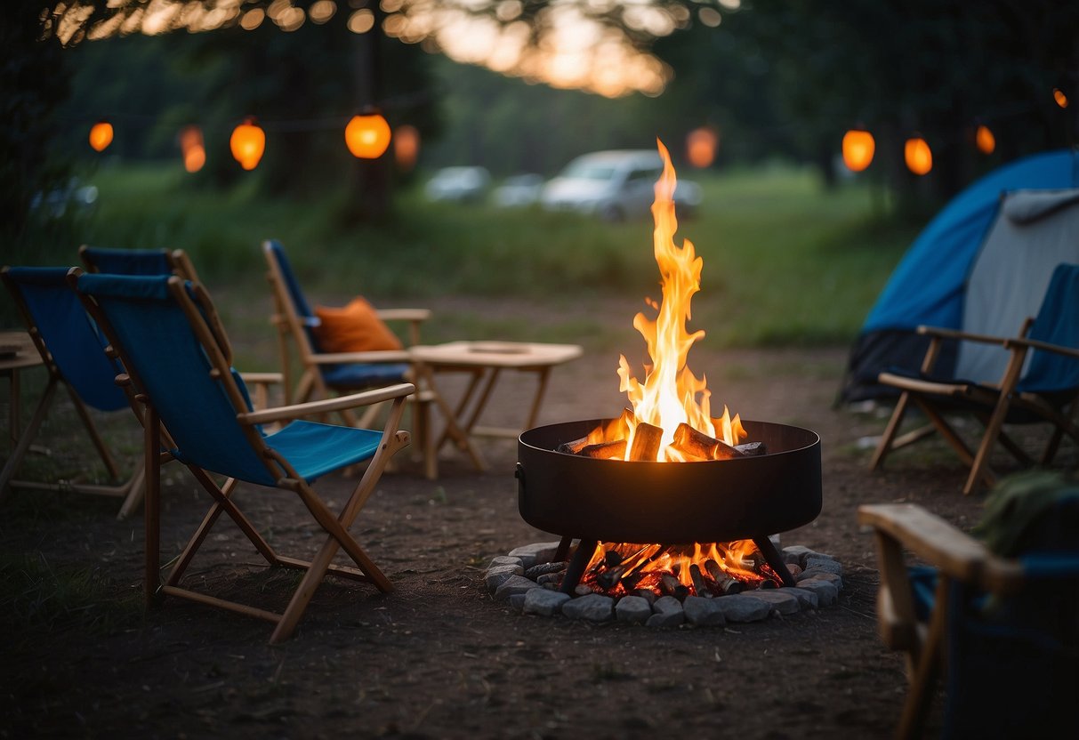 A campsite with a glowing campfire surrounded by a circle of camping chairs, with a podcast playing on a smartphone or portable speaker