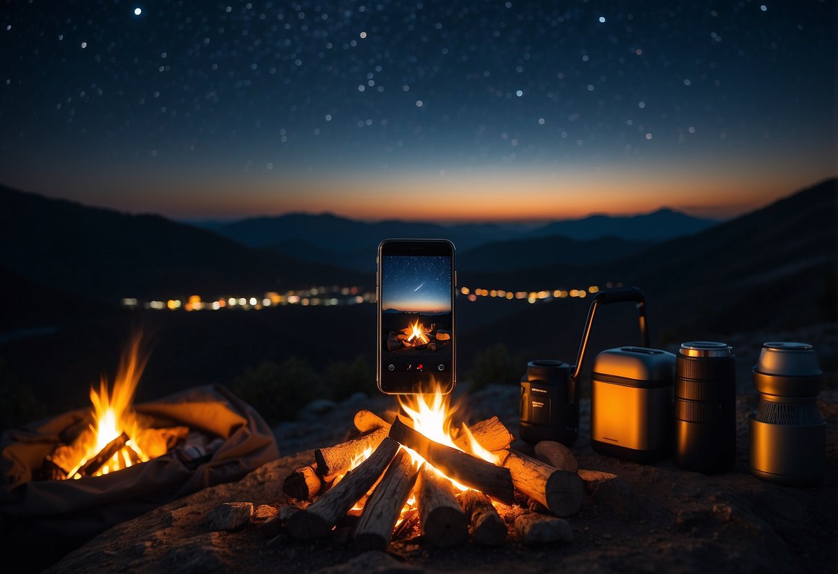 A campfire surrounded by camping gear with a podcast playing on a smartphone, set against a backdrop of a starry night sky