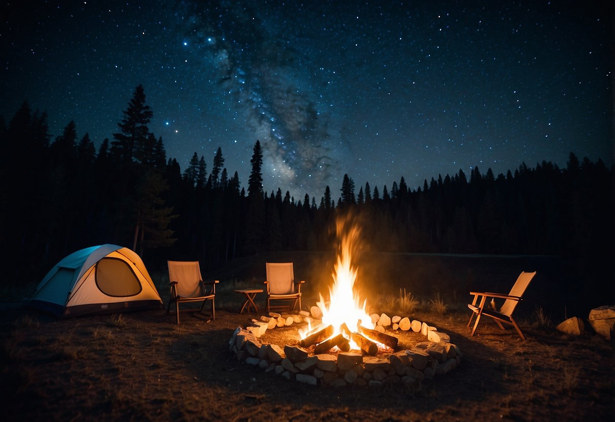 A campfire surrounded by camping gear and a tent, with a backdrop of a serene forest and starry night sky