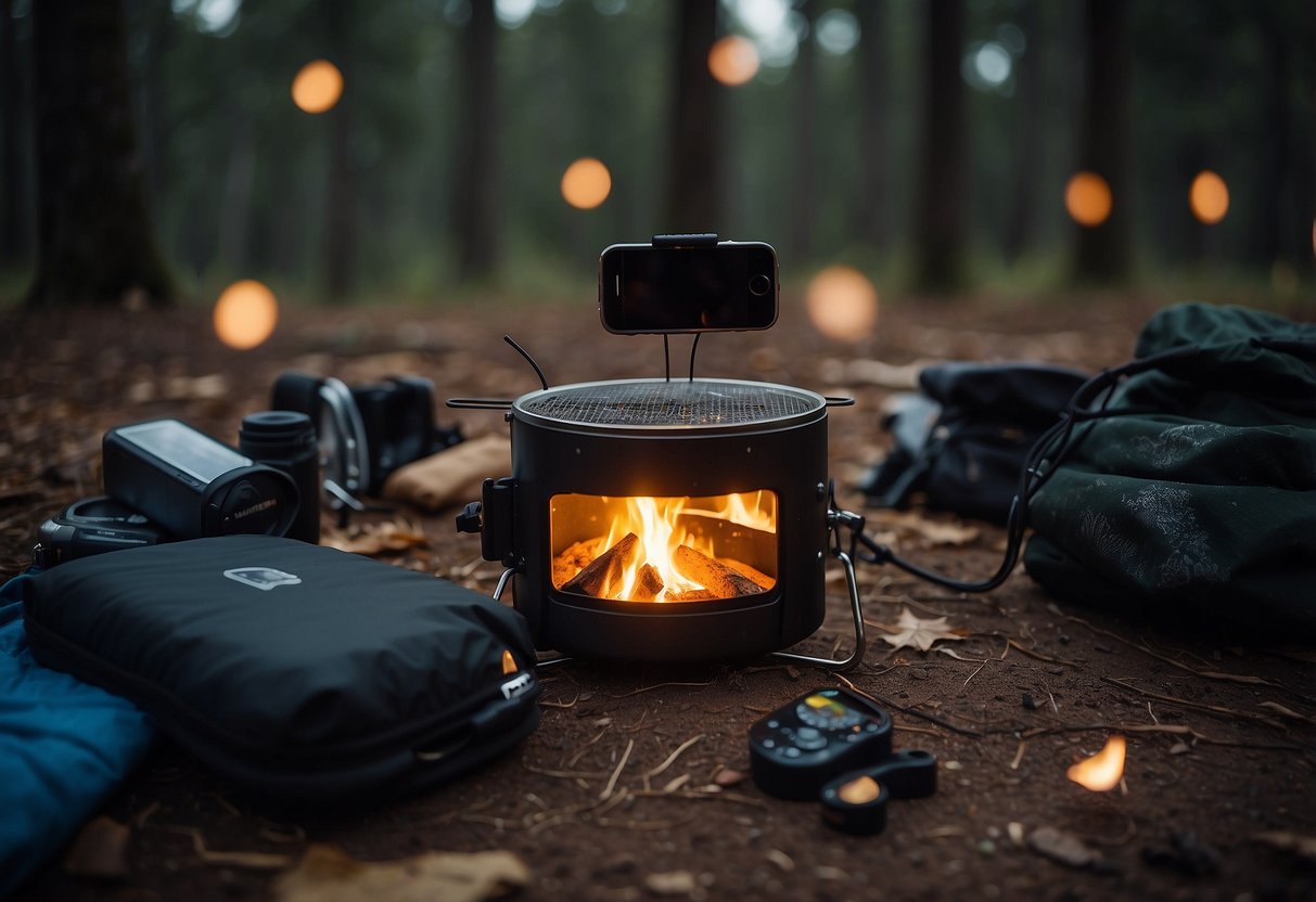 A campfire surrounded by camping gear, with a podcast playing on a smartphone. Trees and stars in the background