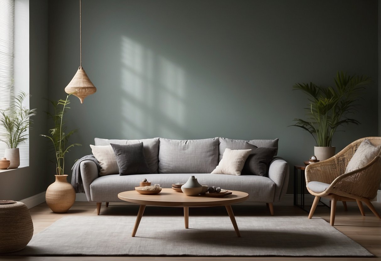 A tranquil room with minimalist furniture arranged in a harmonious and balanced manner, exuding a sense of calm and simplicity