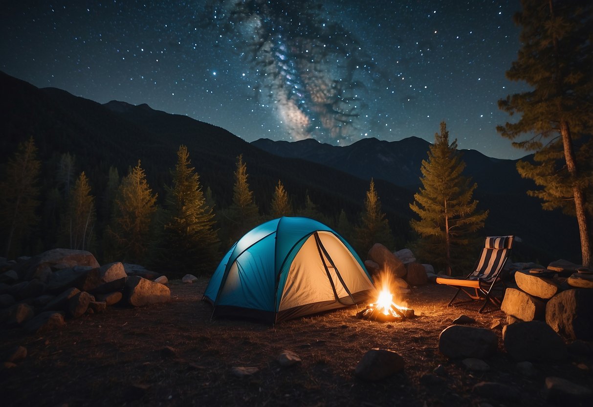 A campsite with a cozy tent, crackling campfire, and starry night sky. Surrounding trees and mountains create a serene outdoor setting