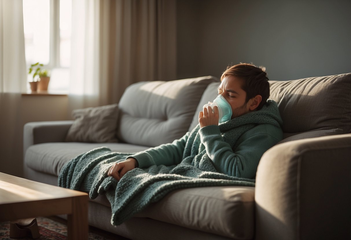 A room with sneezing, itchy eyes, and coughing near a couch, carpet, and curtains