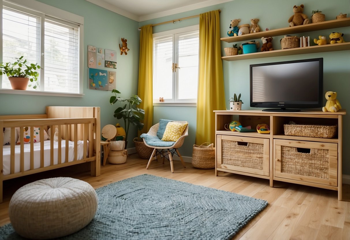 A child's room with eco-friendly furniture, made from sustainable materials like bamboo or reclaimed wood. Bright colors and playful designs create a fun and environmentally conscious space