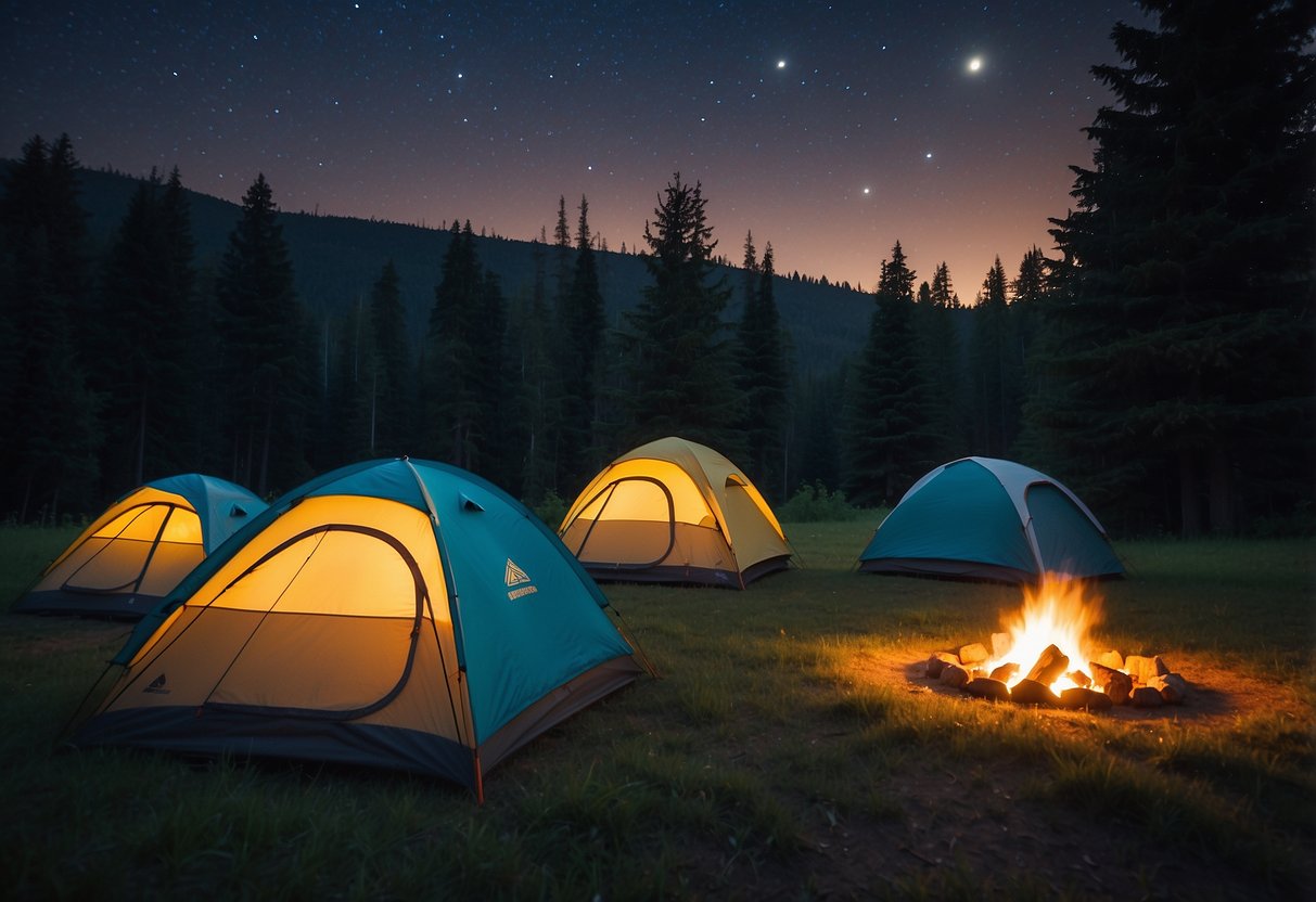 A group of tents nestled in a lush forest clearing, with a campfire burning and a starry night sky overhead