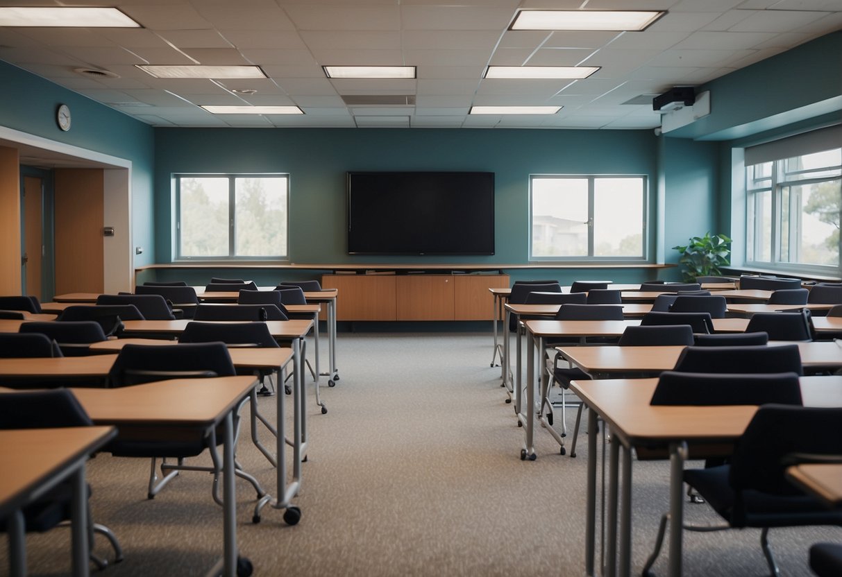 A university classroom with rows of desks and chairs, a whiteboard at the front, and a podium for the instructor