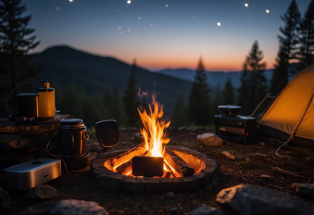 A campfire surrounded by camping gear and a smartphone playing camping podcasts. Stars twinkle in the night sky above