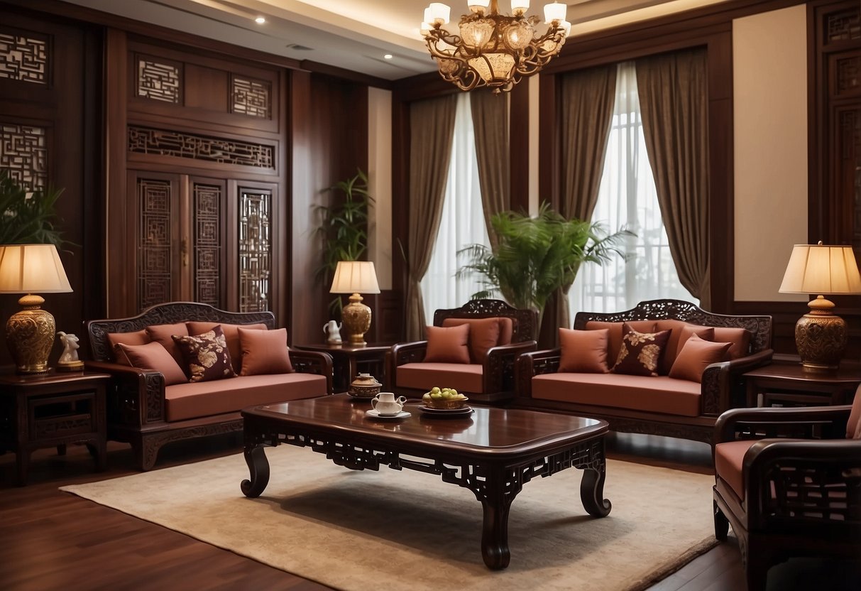 A Chinese rosewood living room set fills the space, including a coffee table, sofa, and armchairs, with intricate carvings and deep red-brown hues