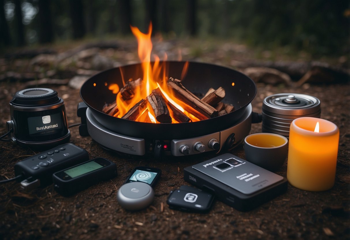 A campfire surrounded by camping gear with 10 podcast titles floating above, each representing a different camping podcast