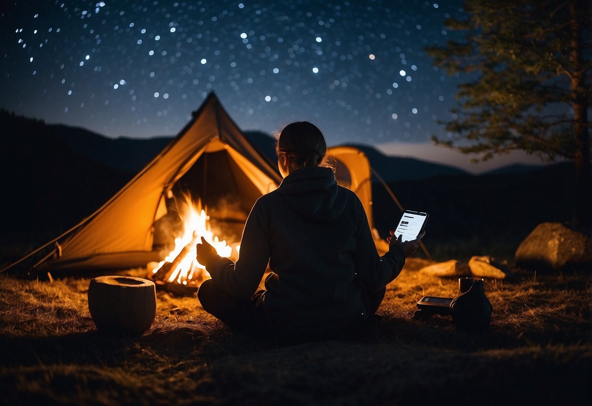 A person sitting by a campfire, surrounded by nature, with a phone or tablet playing camping podcasts. The stars are visible in the night sky