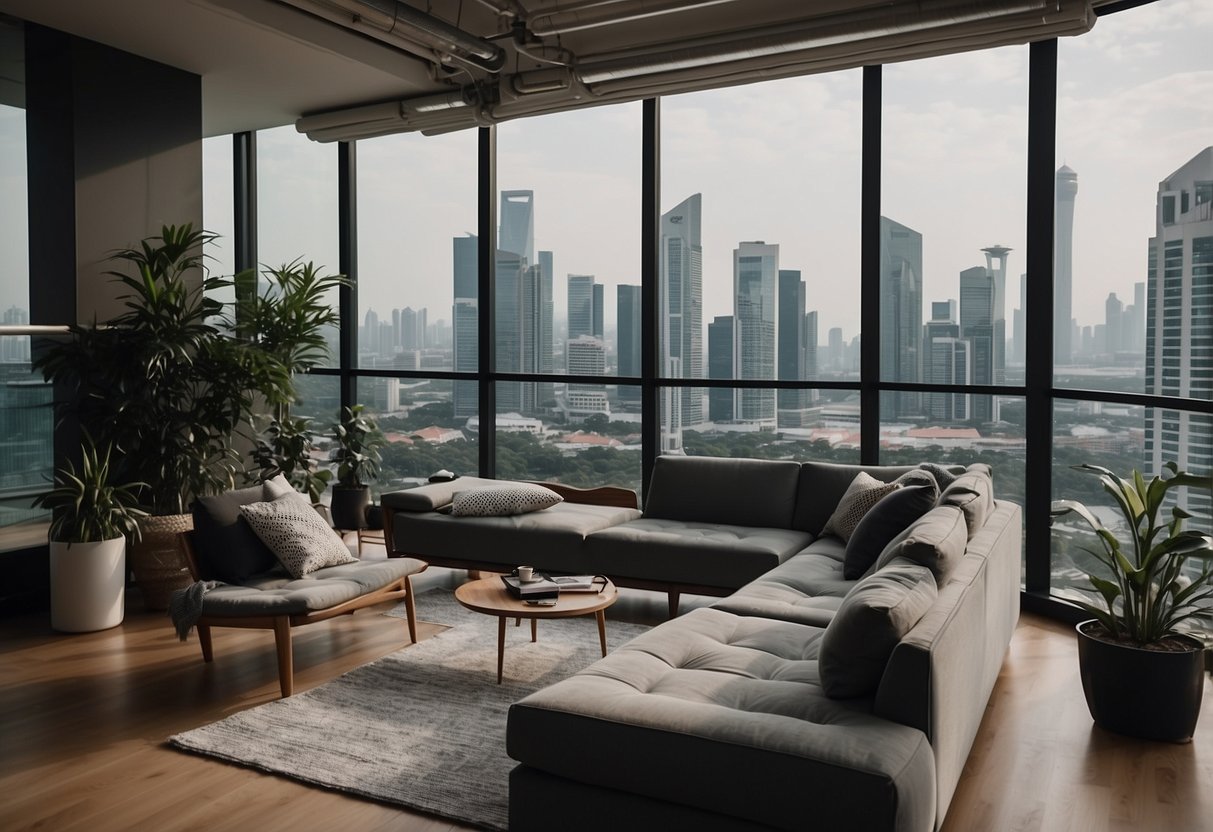 A spacious loft in Singapore with modern furniture and a deck overlooking the city skyline