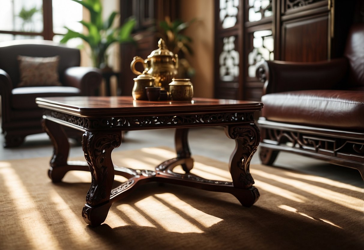 A Chinese rosewood coffee table sits in a sunlit living room, surrounded by matching armchairs and a traditional screen. Rich, dark wood and intricate carvings give the room a sense of timeless elegance
