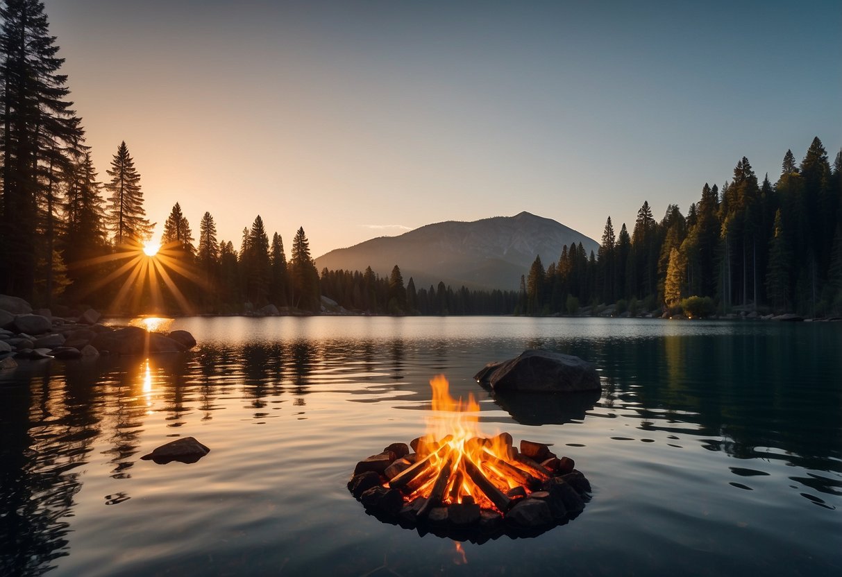 A serene lake surrounded by tall trees, with a small campsite nestled along the water's edge. A glowing campfire illuminates the scene as the sun sets behind the distant mountains