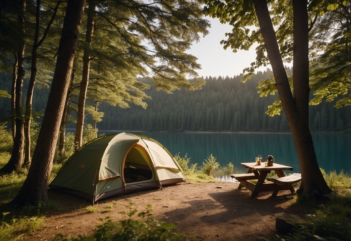 A flat campsite near a calm body of water, surrounded by lush greenery and tall trees. A tent is set up, with a campfire and camping gear nearby