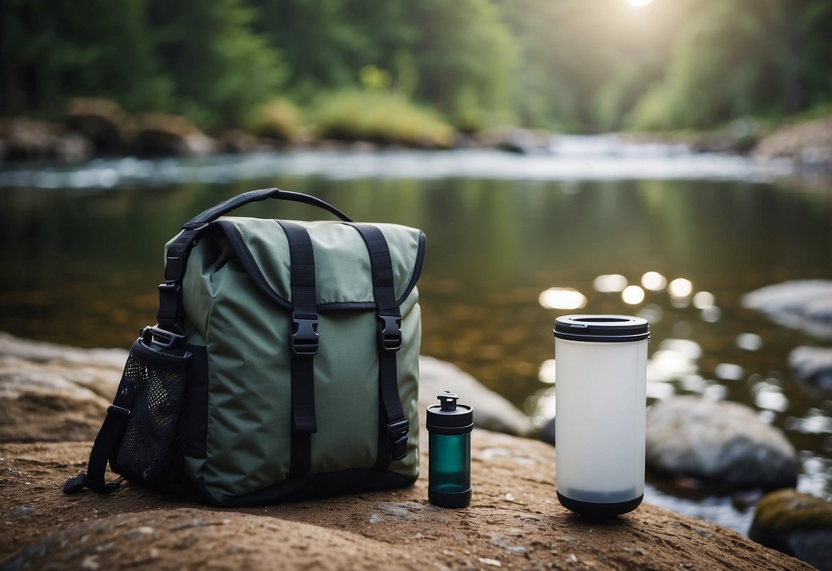 A person packs a water filter and camping gear near a flowing river or lake. The filter is compact and easy to carry