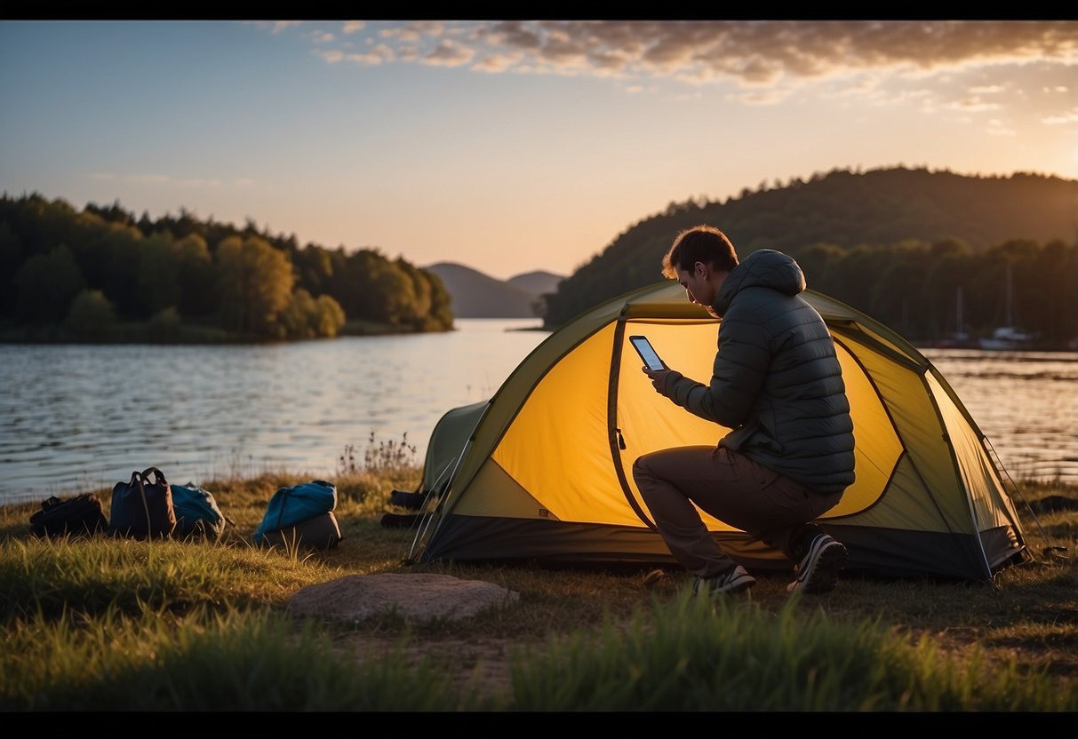 A person checks the weather forecast on a smartphone while setting up a tent near a calm body of water. The sun is setting, creating a warm glow over the scene