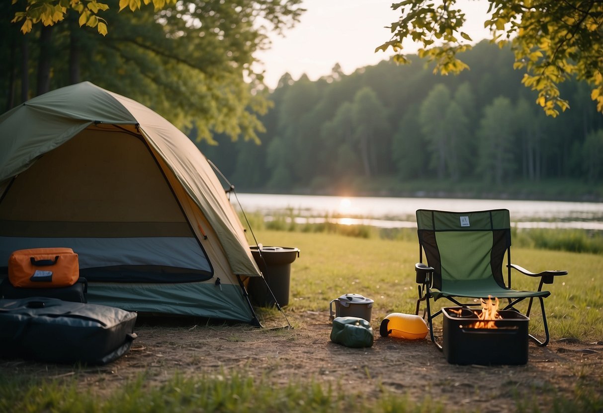 Campsite near water: tent pitched on grassy bank, campfire burning, fishing rods set up, lanterns hanging from trees, folding chairs arranged, cooler open, and a kayak resting on the shore