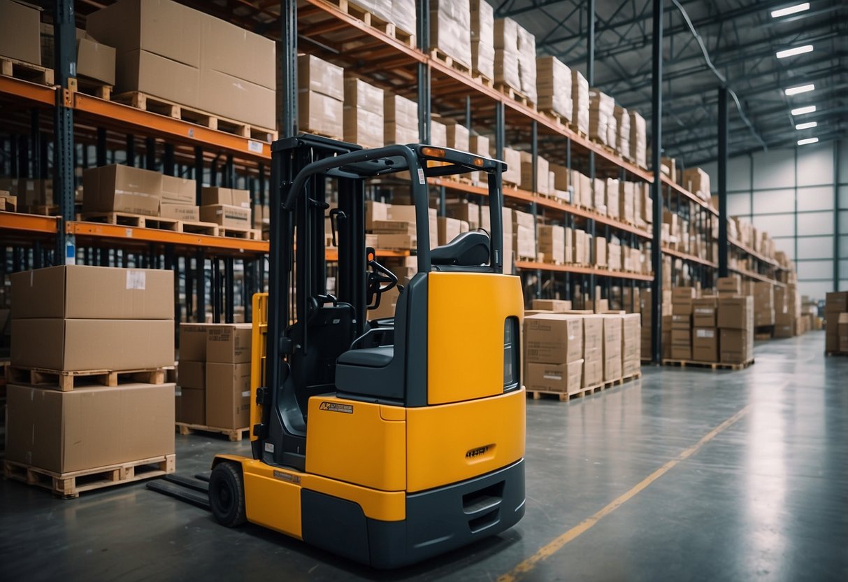 Rows of shelves hold furniture in a large warehouse. Forklifts move pallets, and workers pack and label boxes for shipping