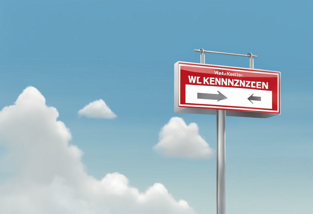 A red and white "wel kennzeichen" sign hanging on a metal pole against a clear blue sky