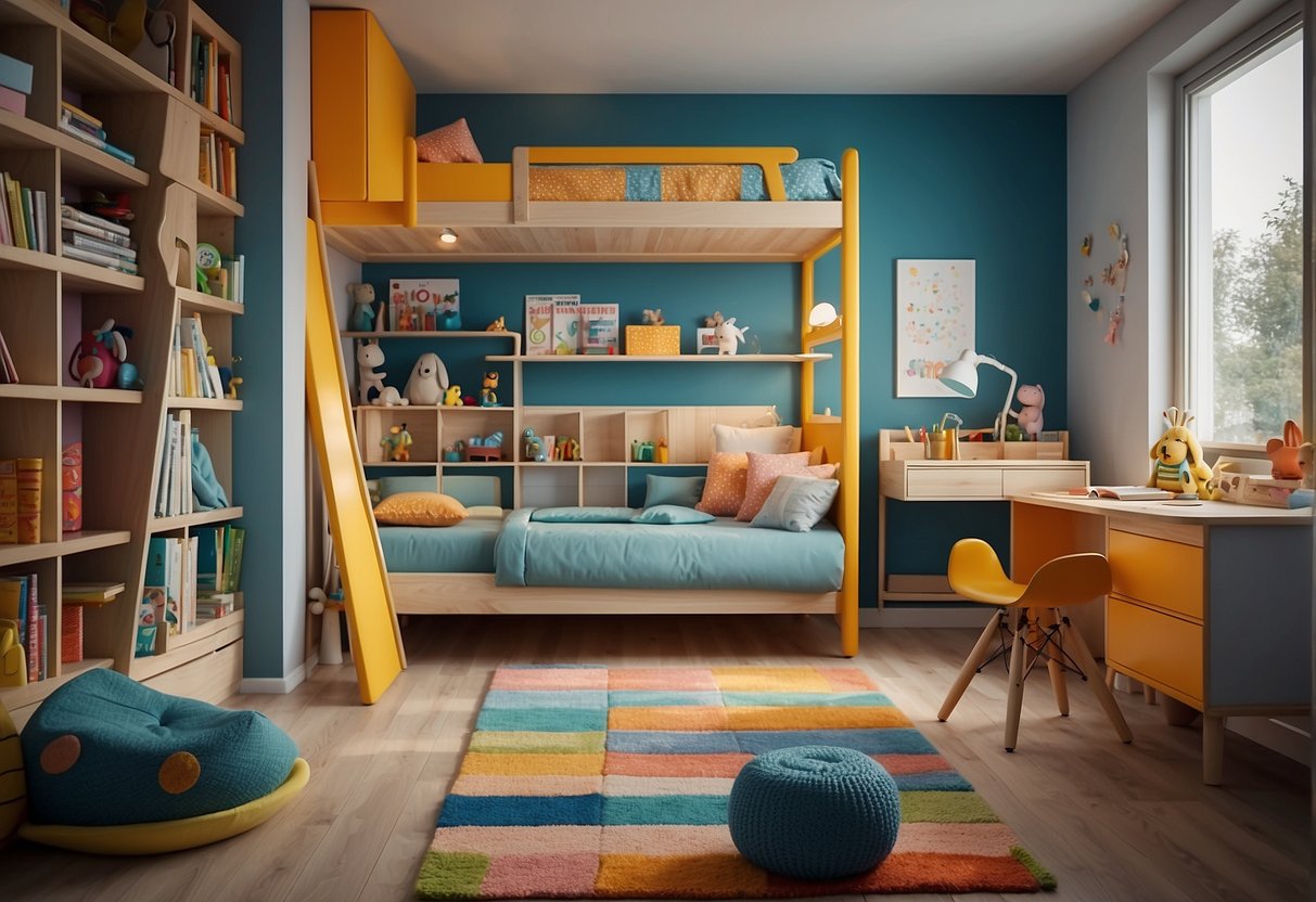 A colorful children's room with a bunk bed, study desk, and storage shelves. Toys and books are neatly organized, and a playful rug covers the floor