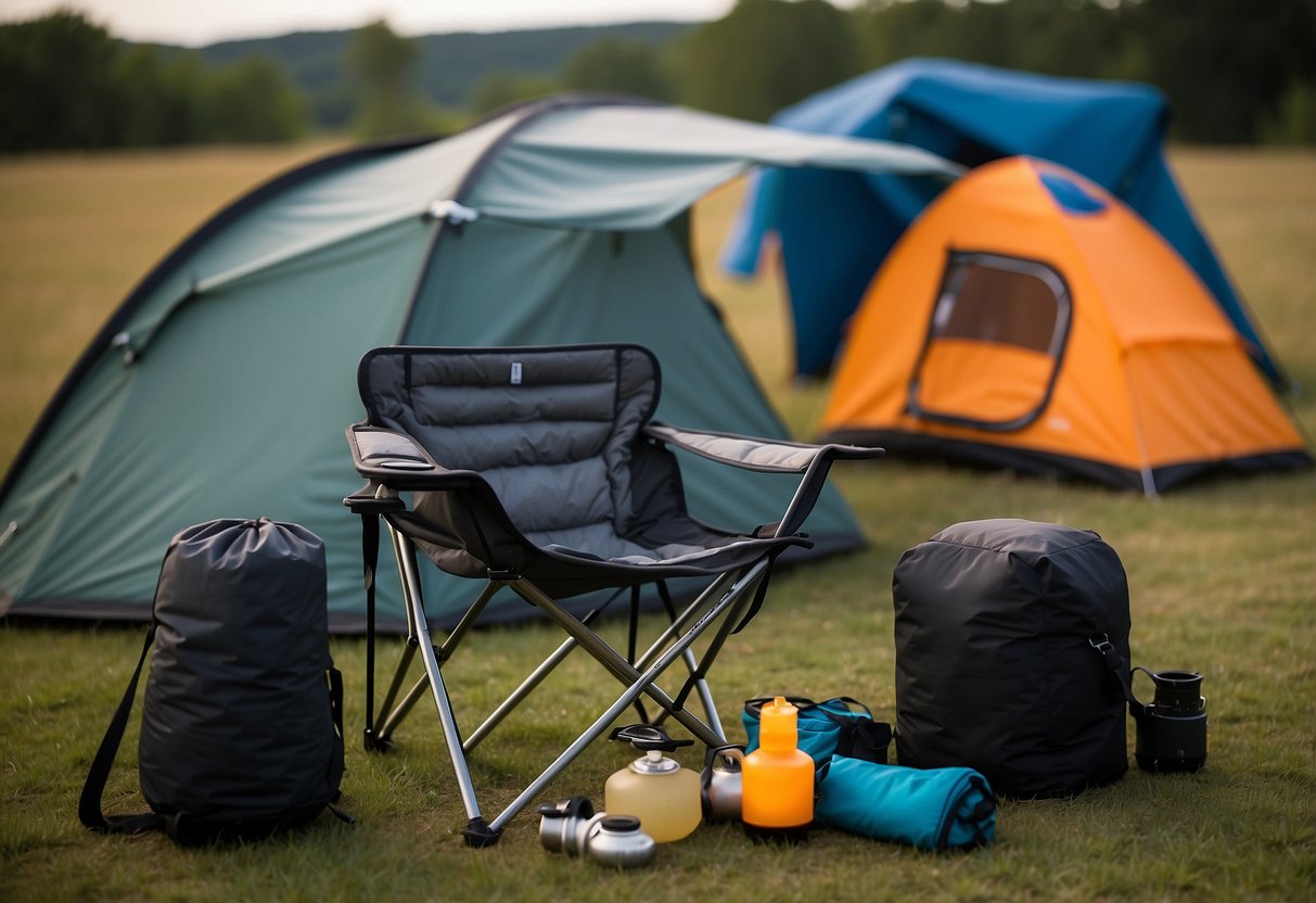 A compact tent, sleeping bag, portable stove, foldable chair, and collapsible table laid out neatly for easy packing