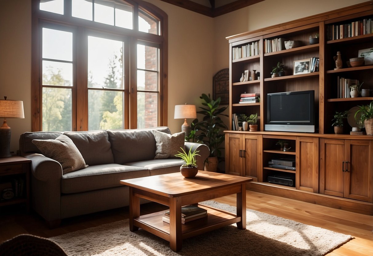 A cozy living room with acacia wood furniture, including a coffee table, chair, and bookshelf. Sunlight streams through the window, casting warm, inviting shadows on the polished wood surfaces