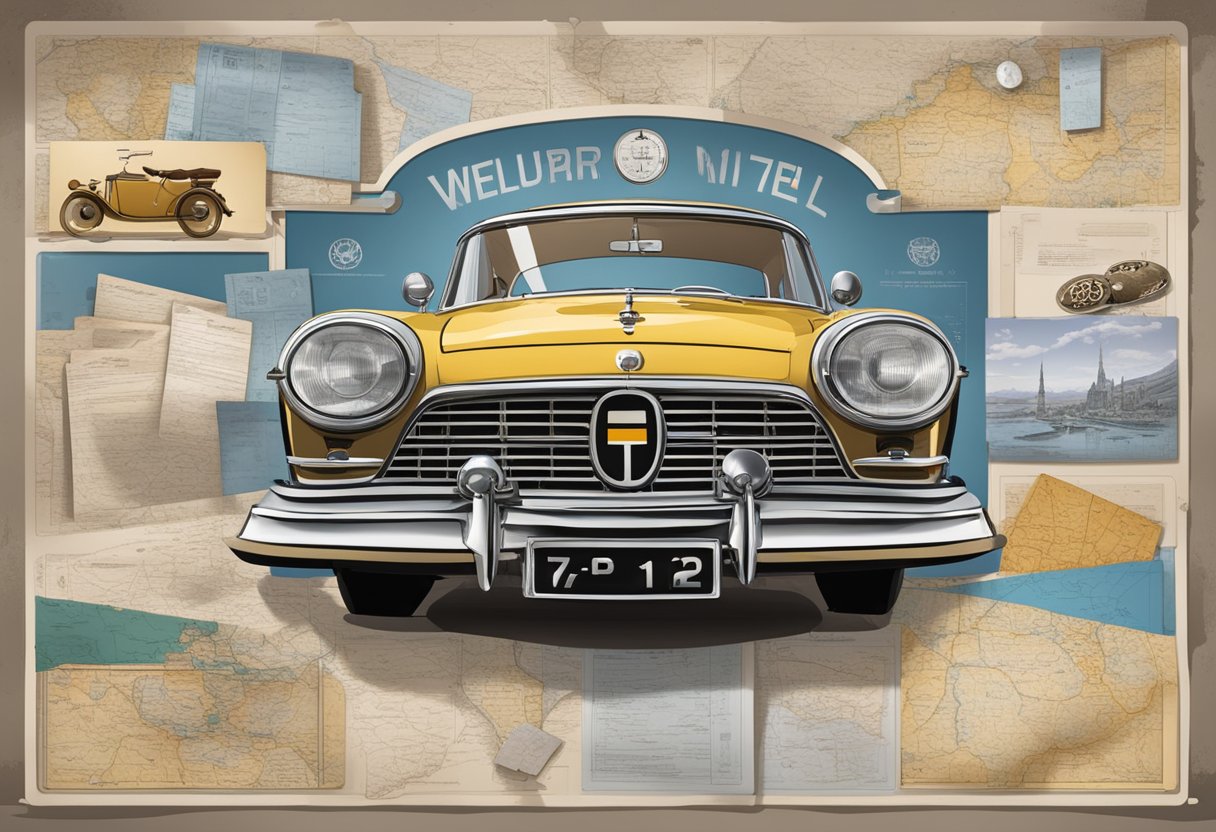 A WEL license plate hanging on a wall, surrounded by historical documents and maps, symbolizing its significance in German automotive history