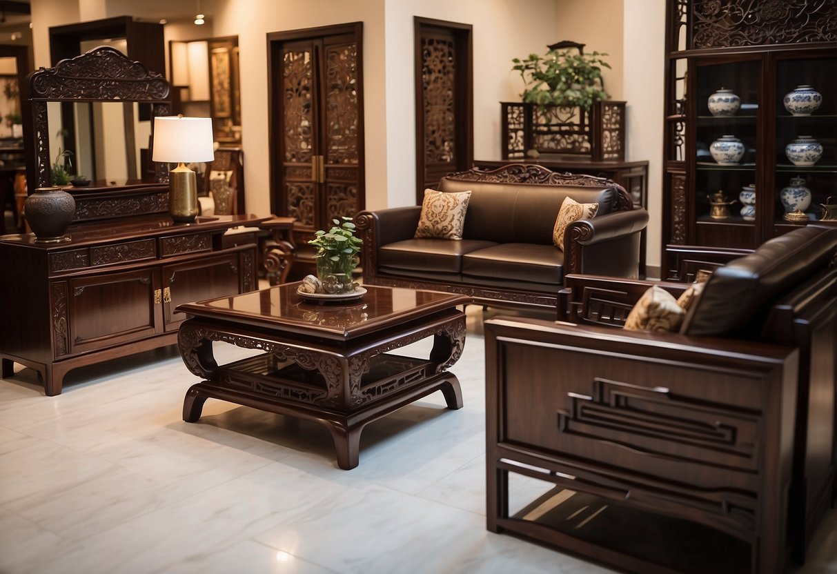 A customer selects and customizes Chinese rosewood living room furniture in a spacious showroom. Rich, dark wood and intricate carvings create an elegant and luxurious atmosphere
