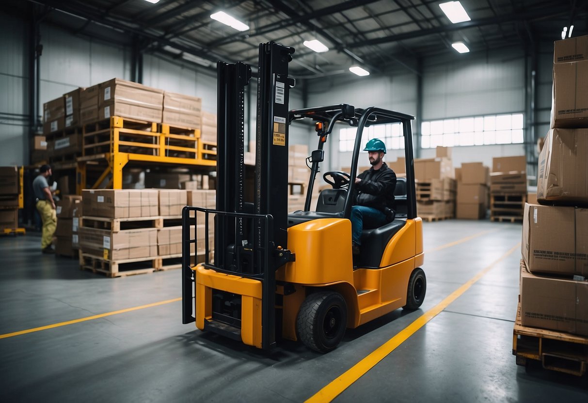 Workers loading trucks with furniture. Forklifts moving pallets. Packed shelves and organized aisles. Busy atmosphere with crates and boxes