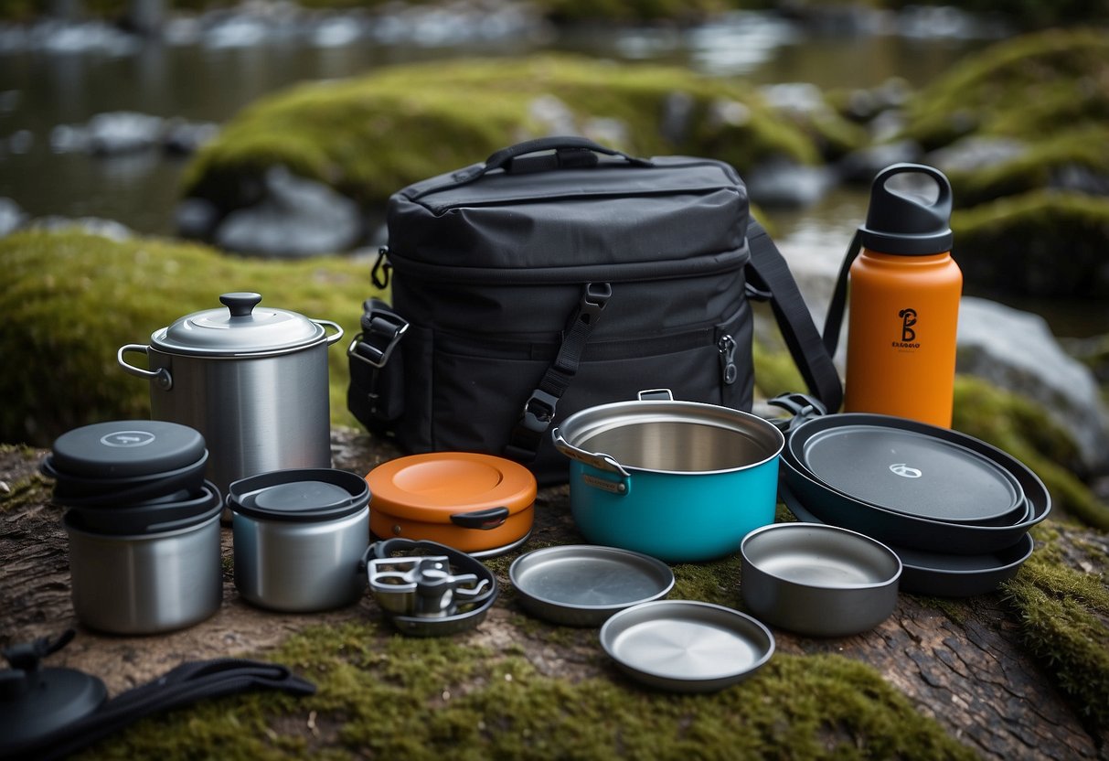 The Bugaboo Backpacker Cookset sits neatly packed, surrounded by other compact camping gear. The set includes pots, pans, and utensils, all designed for easy packing and outdoor cooking