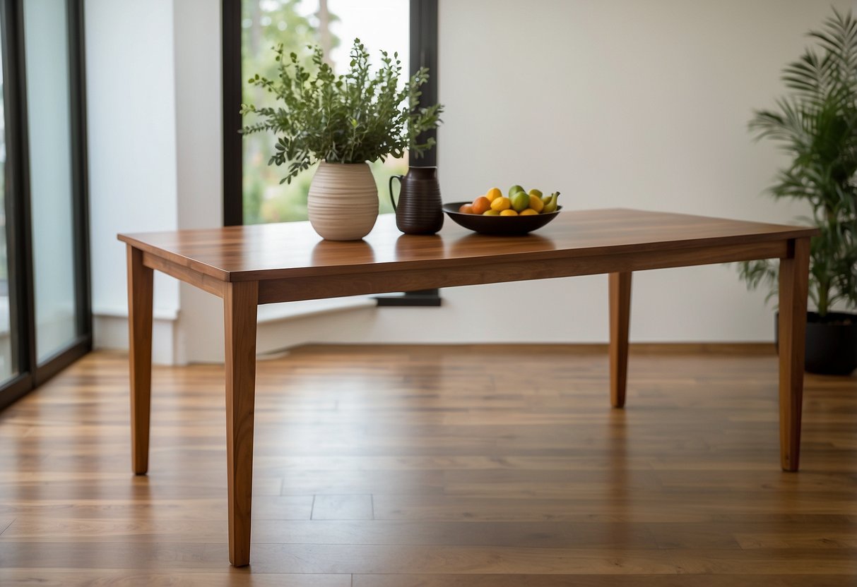 An elegant dining table made of acacia wood, featuring a smooth, richly grained surface and sturdy, tapered legs