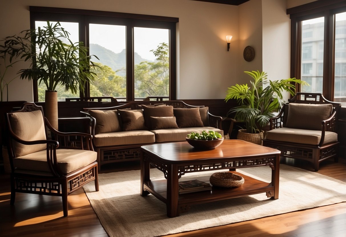 A cozy living room with elegant Chinese rosewood furniture, including a coffee table, armchairs, and a sideboard. The room is well-lit with natural sunlight streaming in through large windows, creating a warm and inviting atmosphere