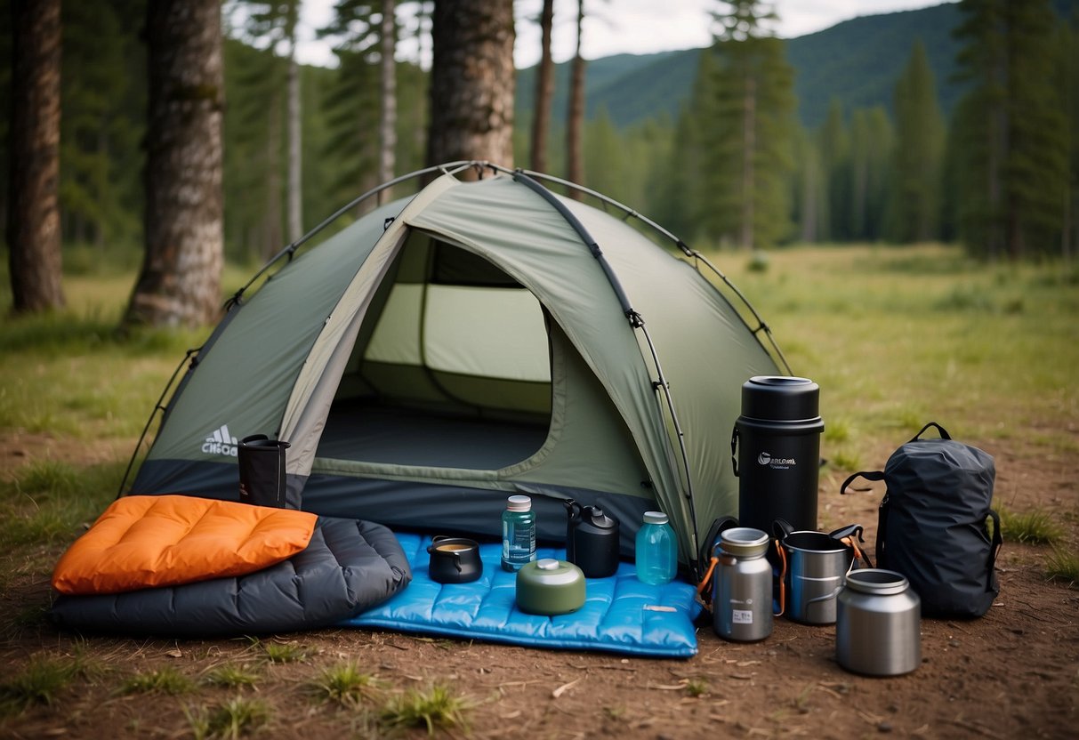 Compact camping gear laid out neatly, including a lightweight tent, collapsible cookware, portable water filter, compact sleeping bag, and foldable camping chair