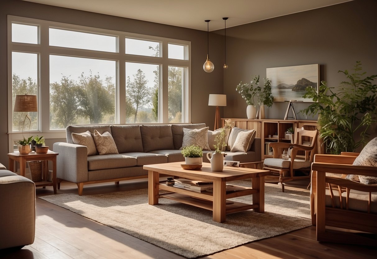 A cozy living room with acacia wood furniture, including a coffee table, bookshelf, and dining set. Sunlight streams in through the window, casting warm, natural tones on the beautiful wood grains